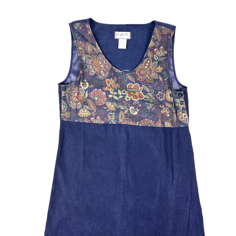 Vintage Mary McFadden Maxi Dress Jumper Large Made in Russia Navy Floral Bodice‎